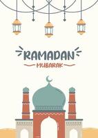 contento Ramadán Mubarak modelo para cubiertas, social medios de comunicación, tarjetas, y otros. juguetón diseño con dibujante mezquita ilustración y divertido tipografía. vector