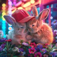 AI generated Two rabbits wearing colorful hats hugging each other in a field of flowers. photo