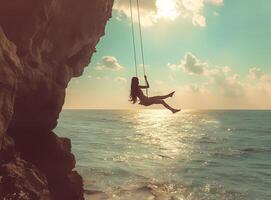 AI generated A girl is swinging on a swing hanging above the sea. photo