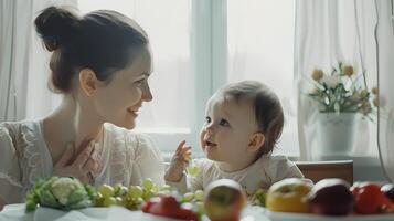 ai generado un madre y su pequeño hija son sentado a un mesa, mirando contento. foto