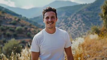 ai generado masculino modelo con brillante sonrisa en pie al aire libre en un verano día. él vistió un limpiar blanco camiseta. y allí son montañas en el antecedentes. foto