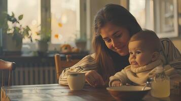 AI generated A mother and her little daughter are sitting at a table, looking happy. photo