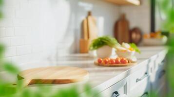 Wood table top on blurred kitchen background. can be used mock up for montage products display or design layout photo