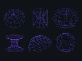 Blue neon wireframe shapes set. Abstract futuristic objects with connected lines. vector