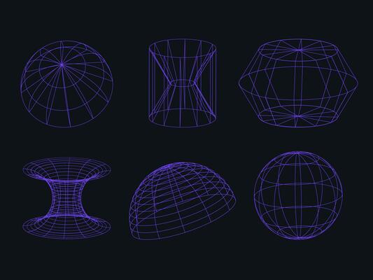 Blue neon wireframe shapes set. Abstract futuristic objects with connected lines.