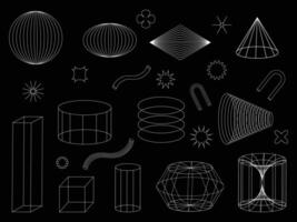 Set of abstract aesthetic y2k geometric elements and 3D wireframe shapes. vector