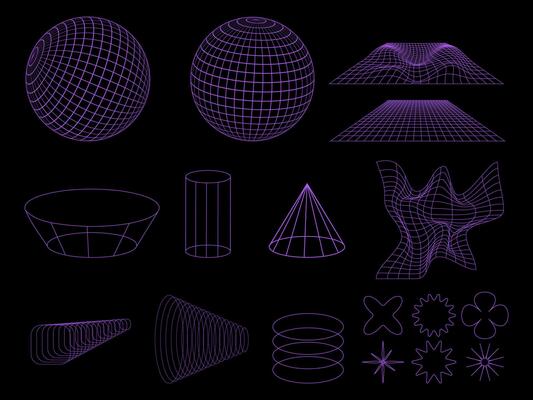 3d geometric shapes set. Abstract retro-futuristic wireframe.