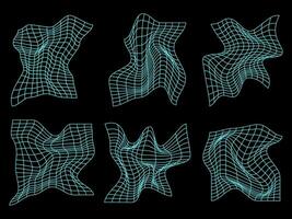 PrintSet of abstract aesthetic wireframe in y2k style. Geometric 3D wireframe shapes. vector