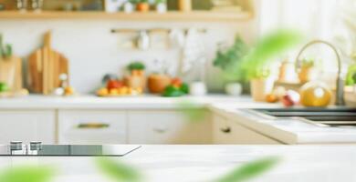 Wood table top on blurred kitchen background. can be used mock up for montage products display or design layout photo