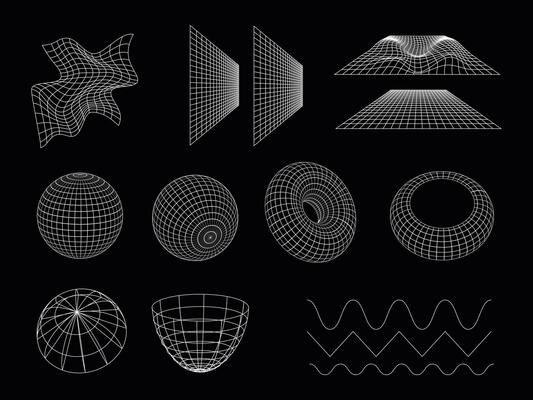 Abstract 3d wireframe set. Vibe shapes, abstract forms in style 80s and 90s.