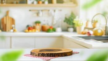 Wood table top on blurred kitchen background. can be used mock up for montage products display or design layout photo