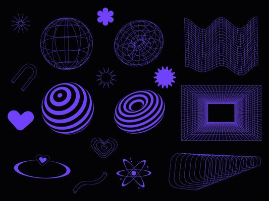 Abstract retro-futuristic wireframe set in purple color. The set is great for social media posts, cards, brochures, flyers, and advertising poster templates. Vector illustration.