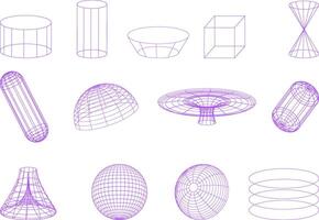 3d wireframe set in color purple. Abstract aesthetic y2k geometric elements. The set is great for social media posts, cards, brochures, flyers, and advertising poster templates. Vector illustration.