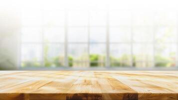 Empty table wooden behind is a window background, for your photo montage or product display, Space for placing items on the table