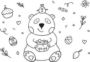 A panda holds a basket of Easter eggs, a small yellow chicken sits on his head. Doodle vector set with carrot, eggshell, candy, colored eggs. Hand drawn illustration