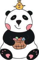 A panda holds a basket of Easter eggs, a small yellow chicken sits on his head. Vector doodle illustration