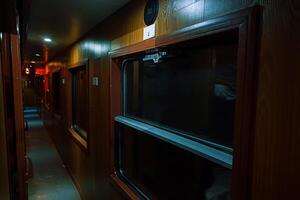 Inside an old sleep wagon of passenger train. photo