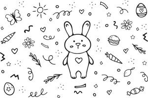 Cute bunny rabbit with heart. Cute doodle elements for Easter, vector set with carrot, eggshell, candy, colored eggs. Hand drawn illustration