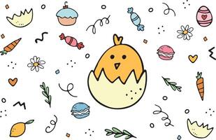 Cute Easter chicken sits inside half of a shell. A bird surrounded by sweets, Easter eggs and carrots. Collection of doodle illustrations vector