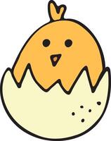 Cute yellow chicken sitting in eggshell. Easter vector illustration