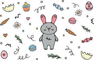 Bunny rabbit. Cute doodle elements for Easter, vector set with carrot, eggshell, candy, colored eggs