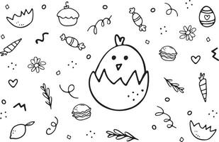 Cute Easter chicken sits inside half of a shell. A bird surrounded by sweets, Easter eggs and carrots. Collection of doodle hand drawn illustration vector