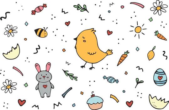 Cute Chicken and Rabbit. Doodle elements for Easter, vector set with carrot, eggshell, candy, colored eggs