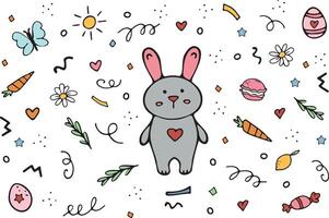 Cute bunny rabbit with heart. Cute doodle elements for Easter, vector set with carrot, eggshell, candy, colored eggs