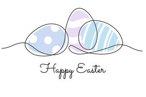 Happy Easter minimal greeting card with one line art painted eggs and handwritten style text vector