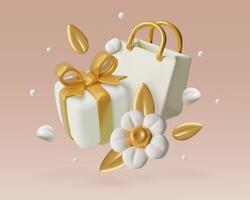 3D spring shopping vector decorations Gift box shopper flower and flying petals on peach fuzz color