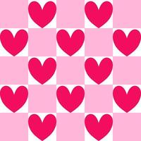 Seamless pattern of pink chess board checkered texture and hearts. vector