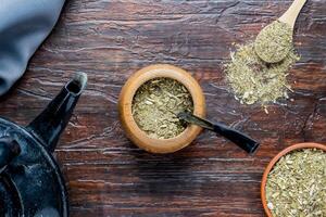 Composition of mate with yerba mate and teapot. Traditional drink from southern Latin America, mainly in countries such as Argentina, Uruguay, Paraguay and Brazil. photo