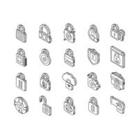 padlock lock safe password key isometric icons set vector