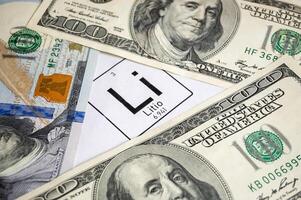 Lithium symbol surrounded by hundred dollar bills. photo