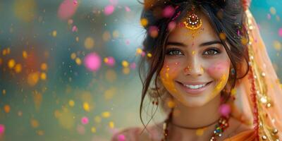 AI generated Young and happy hindu indian woman in national indian sari clothes celebrate holi festival dahan. Bright colorful powder paint background, concept with copy space. photo