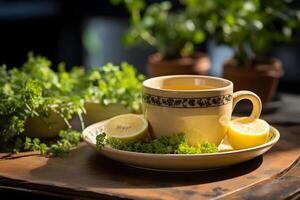 AI generated Cup of aromatic herbal tea with fresh flowers and lemon slices on the table. Organic and natural, hot healthy beverage. photo