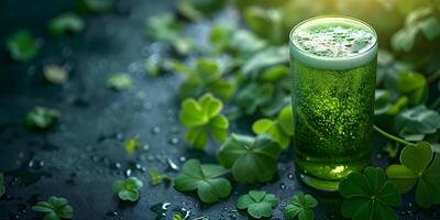 ai generado el Santo patrick's día verde cerveza, cerveza inglesa vaso con tréboles en hada cola bosque. S t. patrick's día bandera antecedentes concepto con Copiar espacio. foto