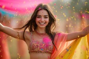 ai generado joven y contento hindú indio mujer en nacional indio sari ropa bailando y celebrar holi festival dahan. brillante vistoso polvo pintar antecedentes. foto