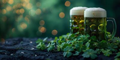 AI generated The Saint Patrick's day green beer, ale glasses with shamrocks in fairy tail forest. St. Patrick's Day banner background concept with copy space. photo