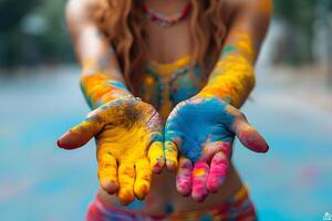 ai generado pintado manos manchado con brillante vistoso polvo pintar. holi festival dahan concepto. foto