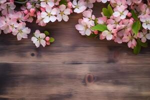 AI generated Apple blossom flowers on wooden background, floral flat lay. Valentine's, womens, mothers day, birthday or wedding concept. Top view. Copy space. Generated AI. photo