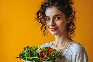 AI generated Beautiful young woman, close up portrait, holding fresh vegetable salad on yellow background. Healthy lifestyle concept. photo