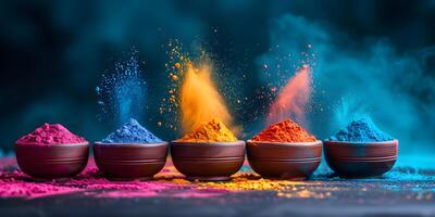 AI generated Colorful holi powder colors in a bowls with splash. Happy holi indian festival dahan banner concept with copy space. photo