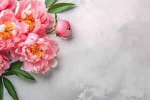 AI generated Peony flowers on light concrete stone background, spring flat lay composition. Valentine's, womens, mothers day, birthday or wedding concept. Top view. Copy space. Generated AI. photo