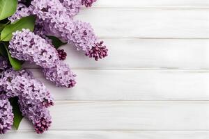 AI generated Lilac flowers on white wooden background, spring flat lay composition. Valentine's, womens, mothers day, birthday or wedding concept. Top view. Copy space. Generated AI. photo