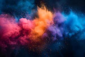 AI generated Colorful holi powder colors with splash on dark background. Happy holi indian festival dahan banner concept with copy space. photo