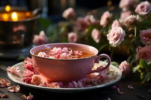 AI generated Cup of aromatic tea with fresh roses flowers on the table. Organic and natural, herbal hot healthy beverage. photo