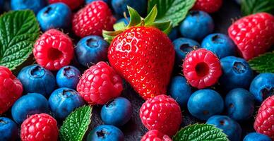 AI generated Fresh strawberries and blueberries - AI generated image photo