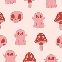 Cute and creepy seamless pattern. Trendy pink and red print. Retro cartoon style. Cauldron, skull, potion, mushroom, ghoost. Happy Halloween. vector