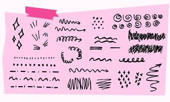 Hand drawn scribbles in trendy y2k style. Abstract doodle elemnts. Imitate pen, pencil, marker strokes. Different textures and shapes. Arrows, lines, curves, dots, spirals. vector